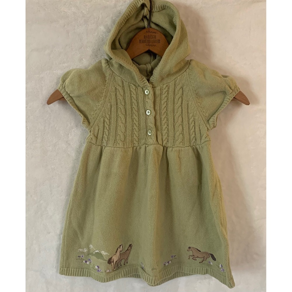 Vintage Gymboree Girls 2T Green Sweater Dress Cable Knit Horse Floral Equestrian